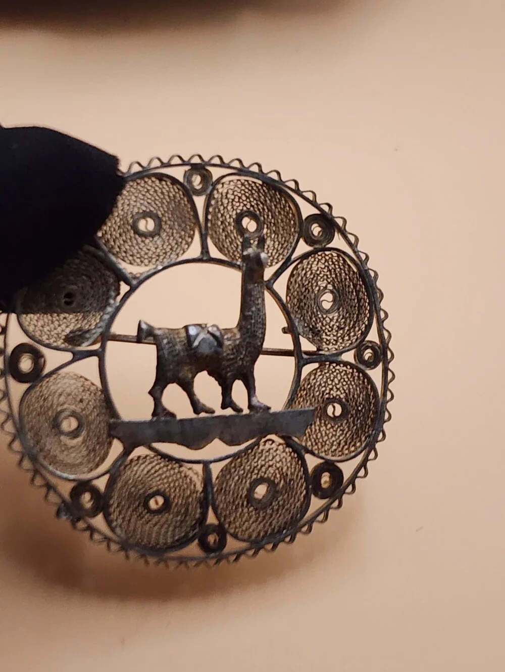 Vintage Sterling Silver Peruvian Llama Intricate Filigree Circular Frame Brooch